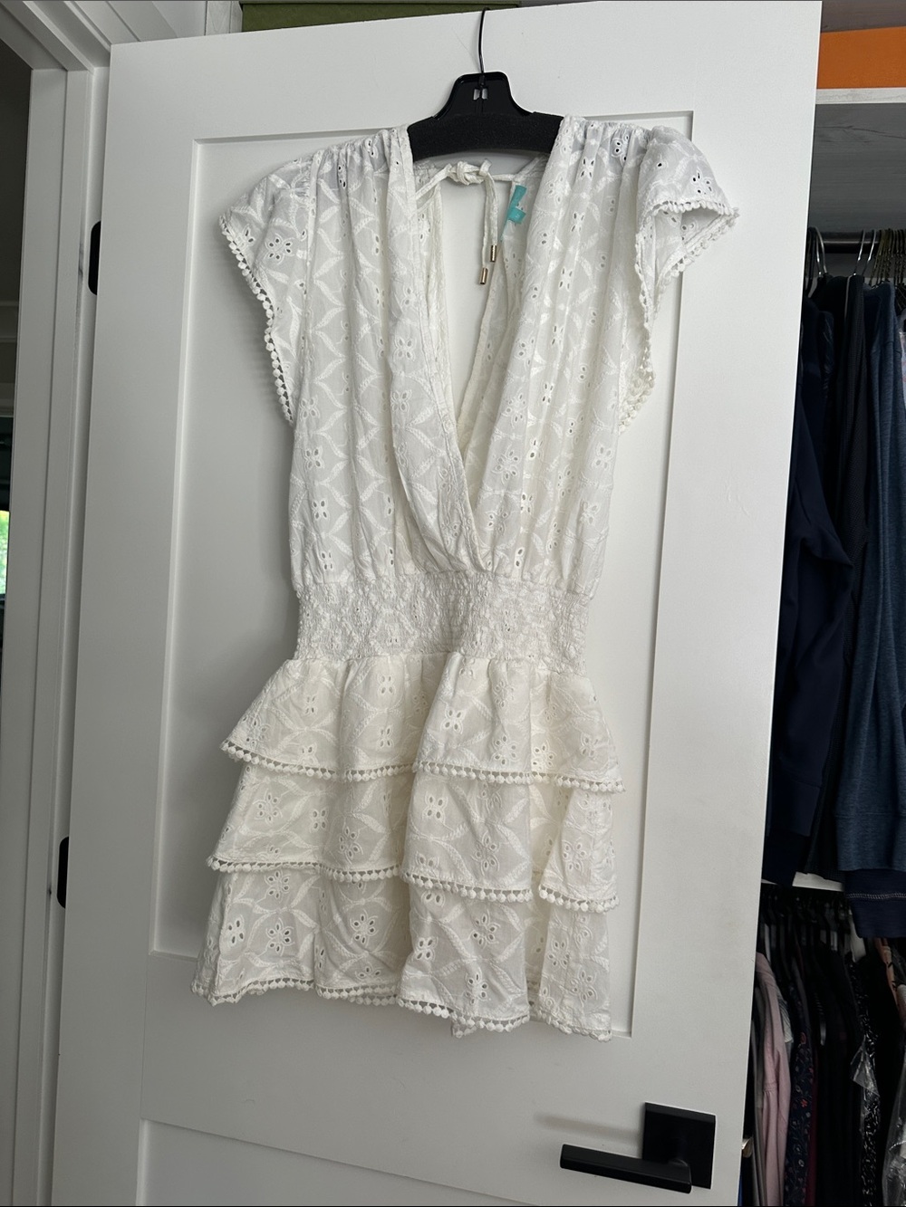 Melissa Odabash White Eyelet Tiered Mini Dress with Pom Trim